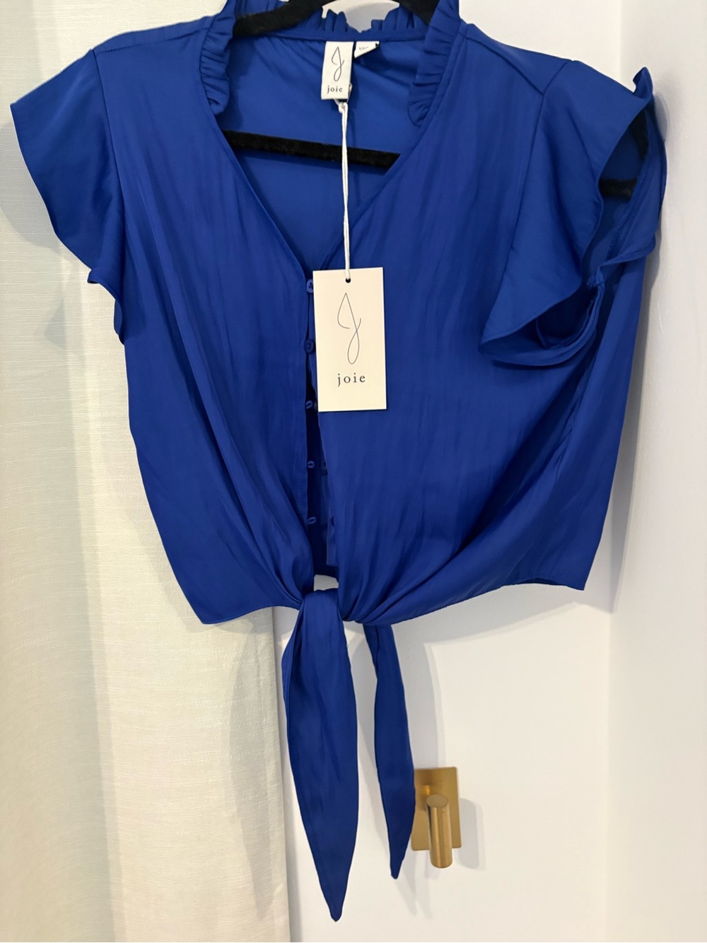 Joie Cobalt Blue Tie-Front Ruffle Sleeve Button-Down Top